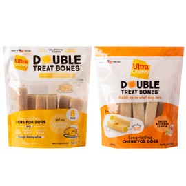 Ultra Chewy Double Treat Bones: Long-Lasting Treats Made in USA for Large and Small Breeds, Highly Digestible, for Aggressive Chewers (Bacon Cheese and Chicken Flavor, 2 Packs)