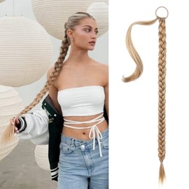 SEIKEA Long Braided Ponytail Extension with Hair Tie Straight Wrap Around Hair Extensions Ponytail Natural Soft Synthetic Hair Piece Daily Wear 34 Inch 180 Gram Golden Blonde Highlights