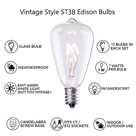SUNSGNE 10-Pack Edison Replacement Light Bulbs, 7-Watt E12/C7 Candelabra Base ST38 Replacement Clear Glass Light Bulbs for Outdoor Patio String Lights, Warm White