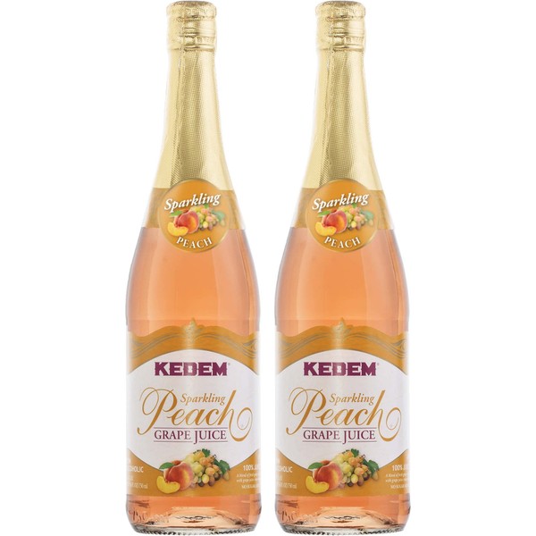 Kedem Sparkling Peach Flavored Grape Juice 25.4oz (2 Pack), No Added Sugar, Non Alcoholic, Kosher for Passover