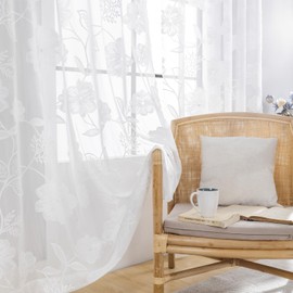 Treatmentex Lace Curtain Jacquard Curtains with Eyelets White 3D Floral Pattern Semi-Transparent Curtains Vintage Romantic Decorative Curtain Eyelet Curtains for Girls' Room Living Room, 2 Pieces, 140