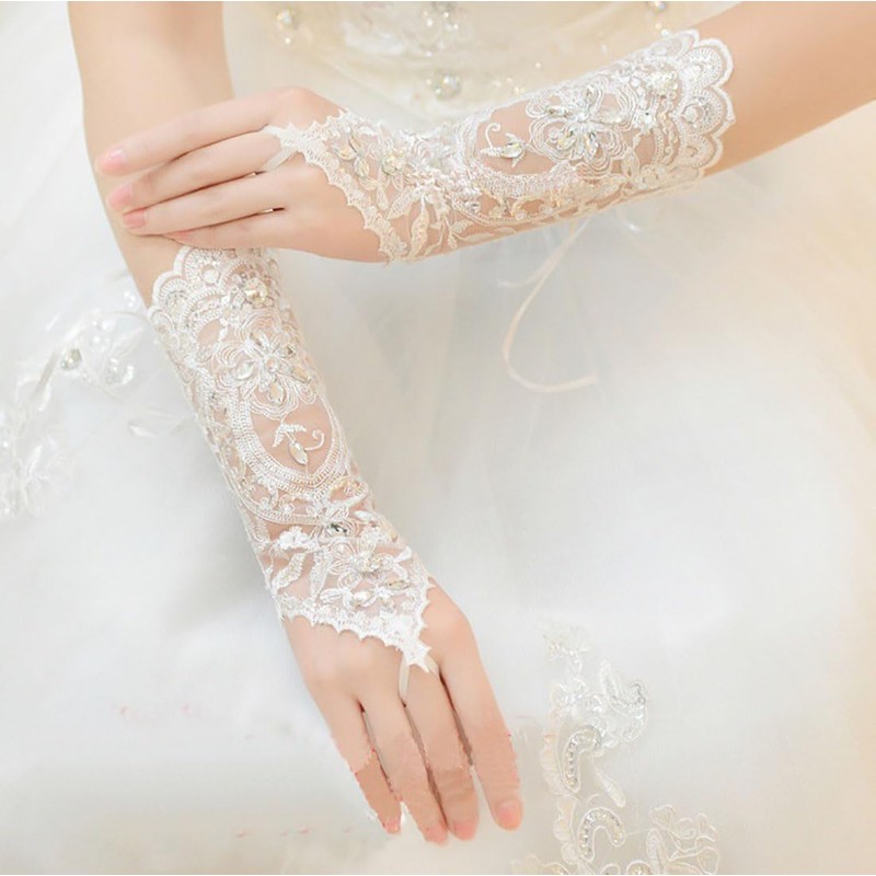 Cubahop Wedding Lace Crystal Gloves White Long Fingerless Gloves Handmade