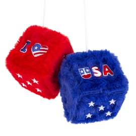 4th of July Fuzzy Dice for Car Mirror, Patriotic Red White Blue Plush Hanging Dice, USA Rear View Mirror Charm, Embroidered Car Interior Decorations