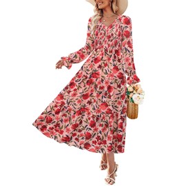 ZESICA Women's Fall Long Sleeve Floral Boho Dress 2025 Casual V Neck A-Line Flowy Wedding Guest Maxi Dresses,Vintage Pink,Large