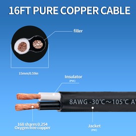 8 Gauge 2 Conductor Electrical Wire 8/2 Wire 16FT 600V 8 AWG 2 Conductor Wire for Motor Leads, Portable Lights, Battery Chargers, Machinery, Large Speakers (8AWG-2C, 16FT)
