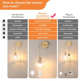 Shenmoyl Battery Operated Wall Sconce with Clear Tulip Shade Pattern Glass Adjustable Chain Retro Gold Wall Mounted Light, Modern Wall Lamp Fixtures Decor for Bedside Bedroom Indoor Doorway