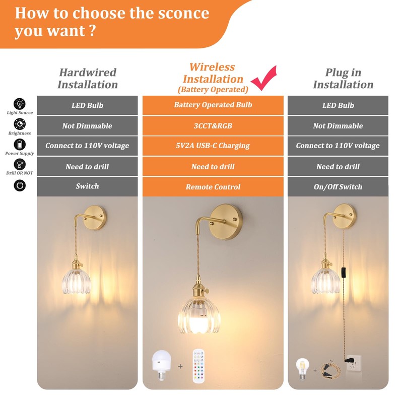 Shenmoyl Battery Operated Wall Sconce with Clear Tulip Shade Pattern