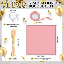 Funnymoom 71 Pcs DIY Chocolate Flower Bouquet Kit Graduation 2025 Candy Rose Clear Acrylic Lollipop Ball Holder Mother's Day Flower Wrapping Paper Ribbon Accessories Birthday Gift(Pink)