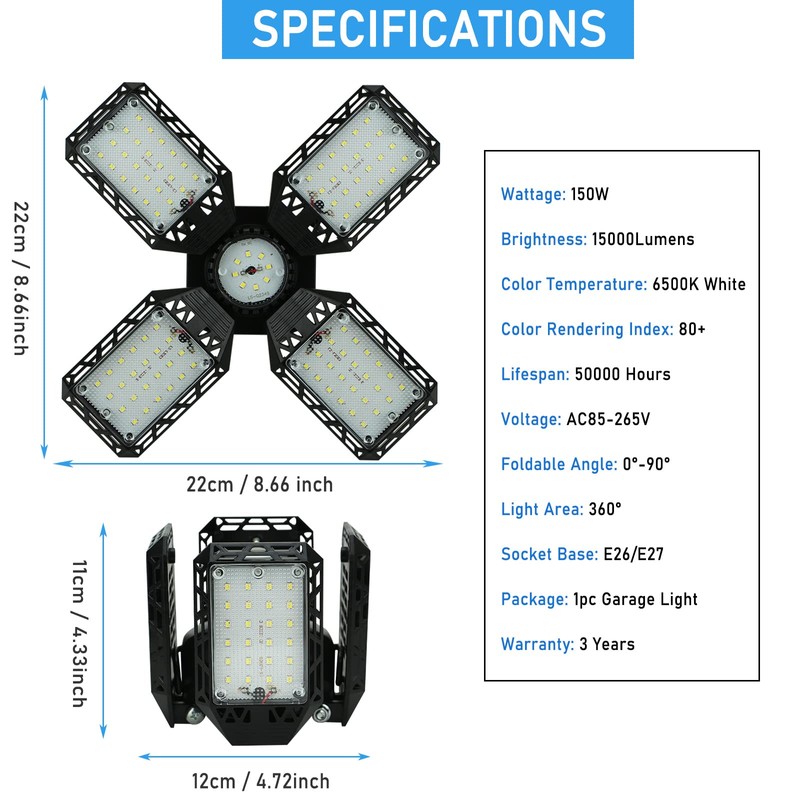 QiyuanLS 2-Pack LED Garage Light,150W Garage Lights Deformable LED Garage