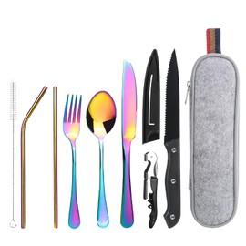 Reisebesteck Camping Besteck To Go, 9-Teilig Edelstahl Besteck mit Bestecktasche, Tragbare Campingbesteck, Camping Cutlery Set, Camping Utensilien Set für Reise, Camping, Outdoor-Aktivitäten (Bunt)