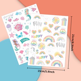 CharmeFleur The Mermaid and Rainbow Temporary Tattoos - 102 Iridescent Foil Styles | Kids' Birthday Items, Sea Creature Gifts, Unicorn Birthday Decorations, Ocean Animals