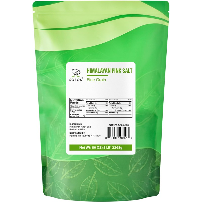 Soeos Himalayan Pink Salt, Fine Grain, 5 Lbs, Non-GMO, Pink