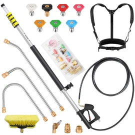ExtraFein 24FT Telescoping Pressure Washer Extension Wand, Aluminum Power Washer Extension Wand, Solar Panel Cleaner Pole with Brush Head, 7 Nozzle Tips, 3 Adapters, Support Belt