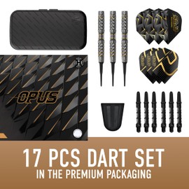 Harrows Opus Dart Set | Professional Darts 90% Tungsten Soft Tip | All Weights Pro Darts | Large 16-Piece Set with Carbon ST Shafts, Opus Flights & Free Slimcase Dart Bag (20g)