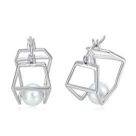 Pearl Hoop Earrings for Women 925 Sterling Silver Hexagonal Earrings Minimalist Earrings Jewellery Gift, Sterling Silver, Pearl