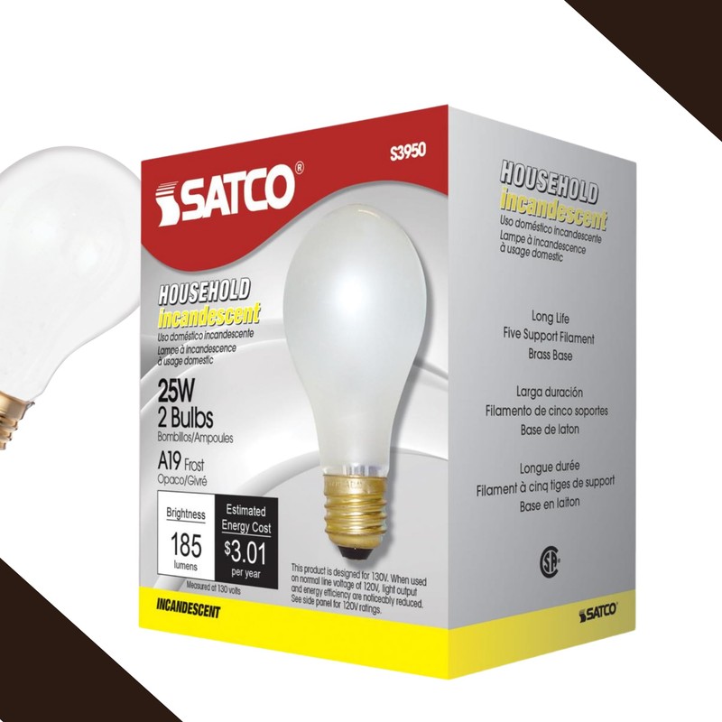 Satco S3950 A19 Incandescent Bulb, 25W, 130V, Frosted Finish, 180