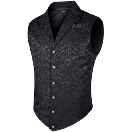 HISDERN Men's Paisley Waistcoat Black Printed Gothic Steampunk Vintage Lapel Waistcoat Shiny Wedding Party Vest for Suit or Tuxedo,(Black-2,XL)