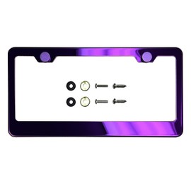 Purple Chrome Mirror License Plate Frame T304 Stainless Steel + Metal Screw Caps