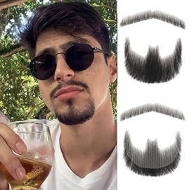 Fake Beard 100% Human Hair Realistic Mustache colorvay Human Hair Full Hand Tied Facial Hair Fake Goatee Costume Beard Lace Beard for Halloween Funny Cosplay Costume Black