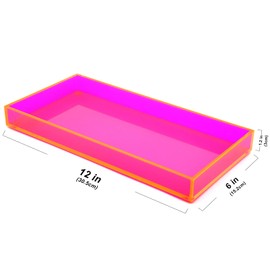 Acrylic Tray for Vanity Makeup Perfume Jewelry 12x6'' Small Decorative Tray for Bathroom Dresser Tops Candle Sink Counter, Neon Pink