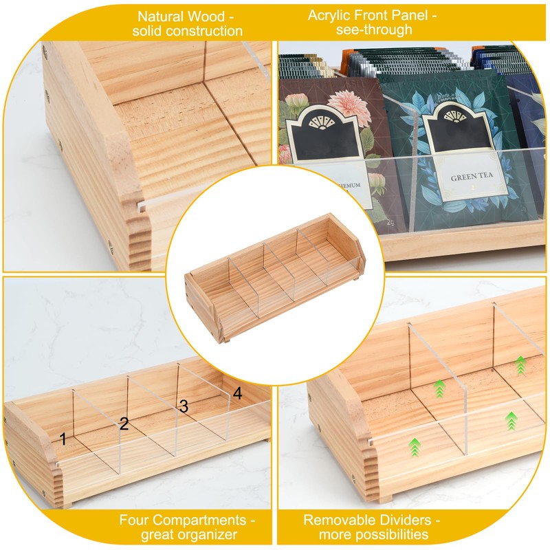 Tea Bag Storage Organizer, Natural Wood and Clear Acrylic, 4-Section