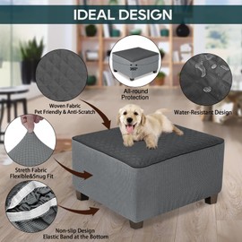 NeColorLife Ottoman Cover Square Waterproof Ottoman Slipcover Thick Storage Footrest Stool Covers Furniture Protector for Pets,Kids(Medium Size,Dark Gray)