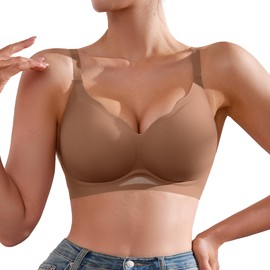 DEANGELMON Scalloped V Neck Wireless Bras for Women Seamless No Underwire Full Coverage Push Up Bras Soft Comfort Bralettes(Coffee,XXXL)
