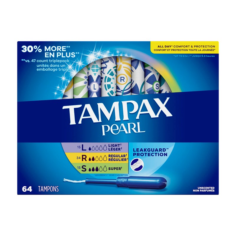 Tampax Pearl Tampons Trio Pack, with LeakGuard Braid, Light/Regular/Super Absorbency,