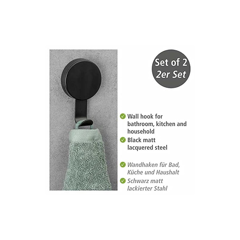 WENKO Static-Loc Plus Pavia Wall Hooks, Black, Set of 2