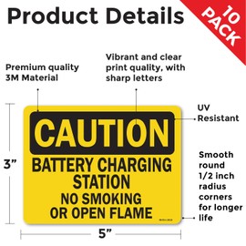 Battery Charging Station No Smoking Or Open Flames OSHA Caution Vinyl Decal Label 5 Inch x 3.5 Inch - 10 Pack