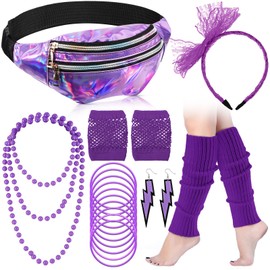 Handepo 19 Pcs 80s Costume Accessories Holographic Fanny Pack Leg Warmers Lace Headband Earrings Gloves Necklace Bracelet (Purple)