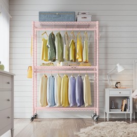 VIPEK V12 Rolling Garment Rack Heavy Duty Clothes Rack, Metal Clothing Rack with Double Rods Adjustable Shelves, Freestanding Wardrobe Closet with Side Hooks for Storage and Organization, Pink