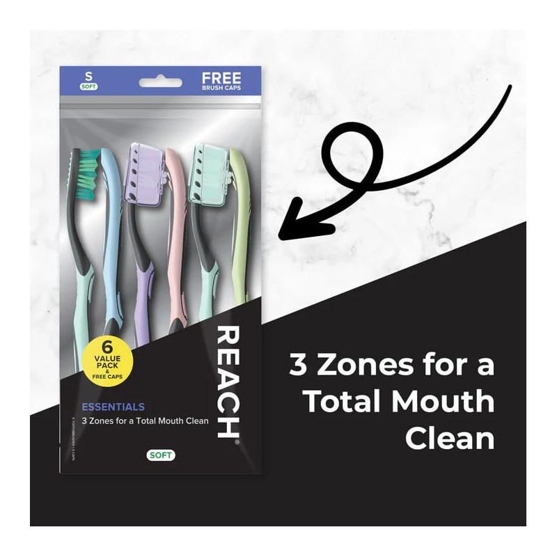 Reach Essentials Toothbrush with Toothbrush Caps, Multi-Zoned Angled Soft Bristles,