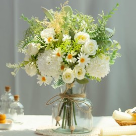 JARELING Artificial Flowers in Vase Fake Flowers Arrangement with Vase Silk Artificial Flowers Indoor for Decoration Home Office Table Centerpiece (White)