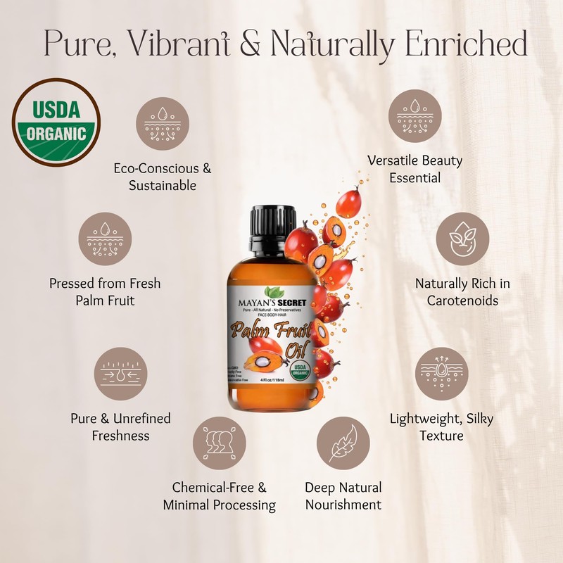 Mayan's Secret USDA CERTIFIED ORGANIC PALM FRUIT OIL/Refined/Undiluted Cold Pressed