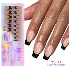 Maigitur Black French Tip Nails - Press On Coffin Shape 150Pcs, Easy Soak Off Acrylic Nails, 3-in-1 DIY Manicure Kit for Gifting