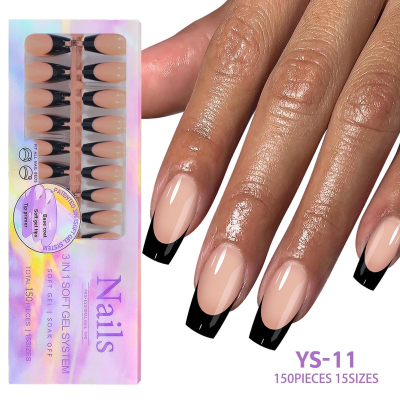 Maigitur Black French Tip Nails - Press On Coffin Shape