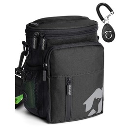 Gobeigo 8 Cup Dog Treat Pouch and Training Clicker, Dog Walking Bag with Phone Holder, Built-in Poop Bag Dispenser, 3 Ways Wearable Pet Fanny Pack for Outdoor Travel (Full Black)