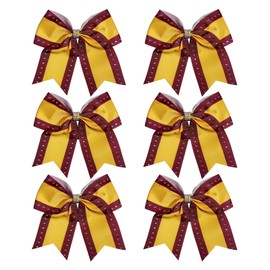 Cheerleader Bows 8 Inch Comb Color Cheerleader Ponytail Holder with Rhinestones, Set of 6 (Maroon/Gold)
