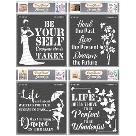 CrafTreat Reusable Quote Stencils for Painting on Wood, Canvas, Paper, Fabric, Wall - Be Yourself, Heal, Dance in Rain and Wonderful Life - 4 Pcs - 6x6 Inch Each - DIY Art and Craft Stencils