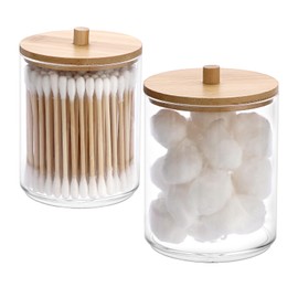 SUMTree 2 Pcs 10 Ounce Plastic Cotton Swab Holder, Acrylic Cotton Bud Qtip Holder Dispenser, Bathroom Cotton Pads Organiser with Bamboo Lids