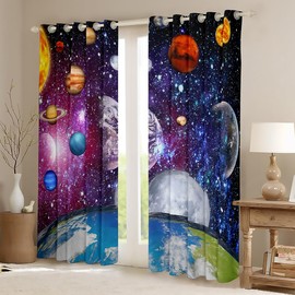 Outer Space Curtains for Bedroom Living Room (2 Panels, 42 x 84 Inch) Kids Universe Planets 30%-50% Blackout Curtains Boys Girls Teens Galaxy Darkening Drapes Solar System Decor Window Treatments