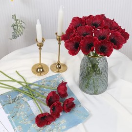 IPOPU - Flores de amapola de color burdeos, 20 piezas de amapolas artificiales de poliuretano con tacto real, arreglos florales falsos a granel para centros de mesa de boda, mesa del hogar, decoración