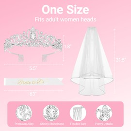 Papoopy 3Pcs Bride to Be Crown with Sash and Veil for Bachelorette Party Decorations, Bridal Shower Accessories for Gift, Favors - Silver