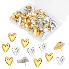 30pcs Heart Push Pins, Gold & Silver Thumb Tacks Decorative Cute Drawing Pins for Cork Notice Board Bulletin Board Wall Home Office Posters Photos Postcards Maps Fixing