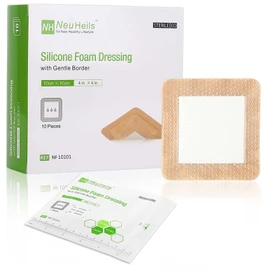 NeuHeils Silicone Adhesive Foam Dressing with Gentle Border 4''x4'' for Bed Sore Leg Ulcer 10 Pack, High Absorbency Waterproof Silicone Wound Bandage