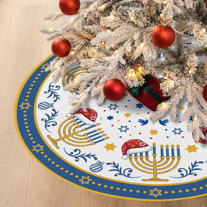 EKOREST Hanukkah Christmas Tree Skirt 36 Inches, Candlestick with Hat