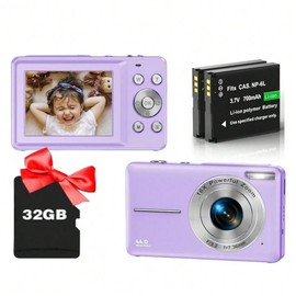 Digital Camera, 1080P Camera, 44 Megapixels, Compact Camera, 2.4-Inch LCD Screen, 16x Digital Zoom,Rechargeable Mini Camcorder For Beginners - Colour: purple