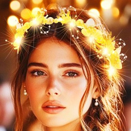 Ajacity Light Up Wedding Bridal Headbands Gold Pearl Flower Fairy Headpiece Hairband for Women