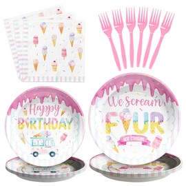 Grencian 96 Pcs Ice Cream Birthday Party Decorations 4th Birthday Plates for Girls Ice Cream 4th Party Supplies Dispoisable Pink We Scream Four Paper Plate for Four Year Old Sweet Four Kids Girls